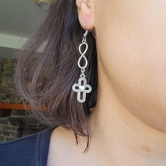 Pair of Silver Cross Infinity Drop Hook Earrings - Picture 1 of 8